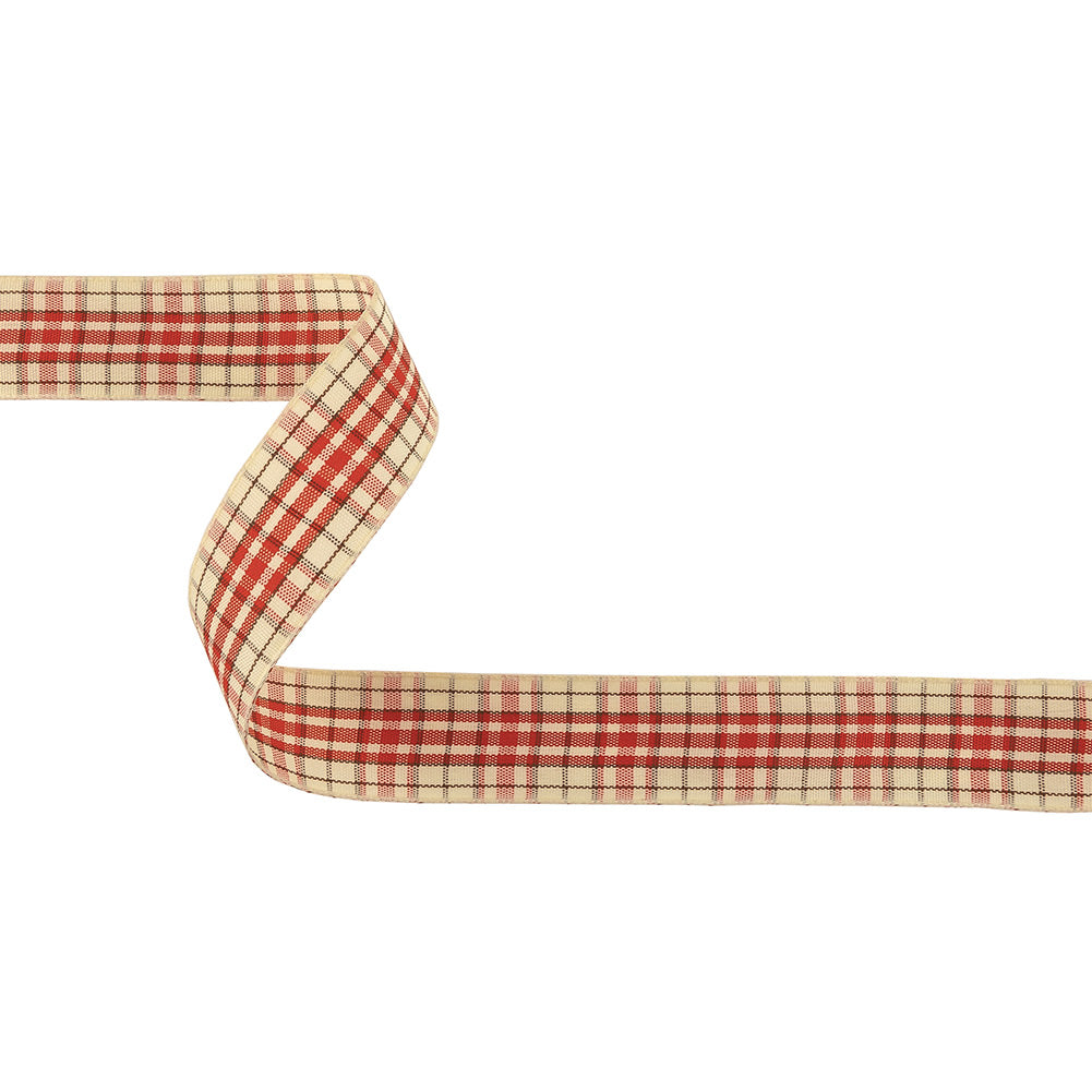Mars Red, Brown and Vanilla Ice Plaid Woven Ribbon - 1