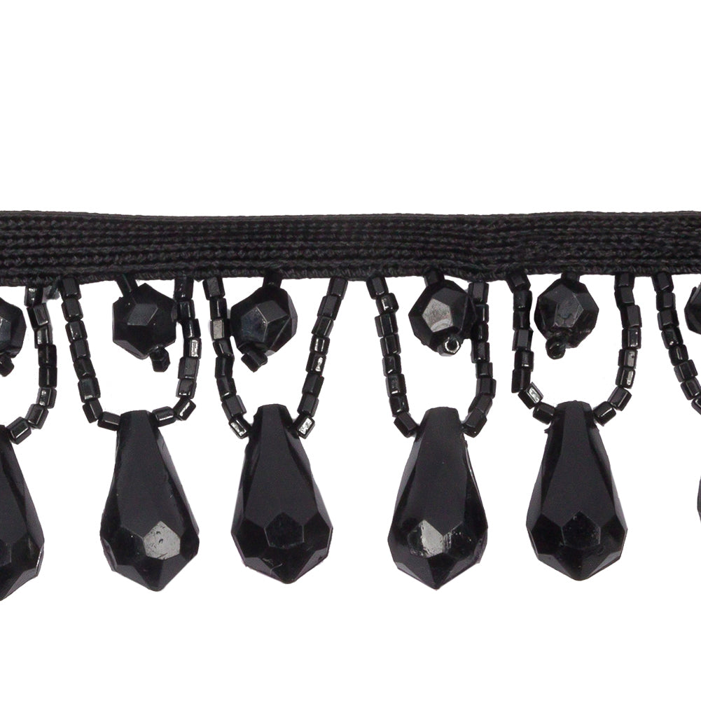 Vintage Black Teardrops and Seed Beaded Fringe Trim - 1.375
