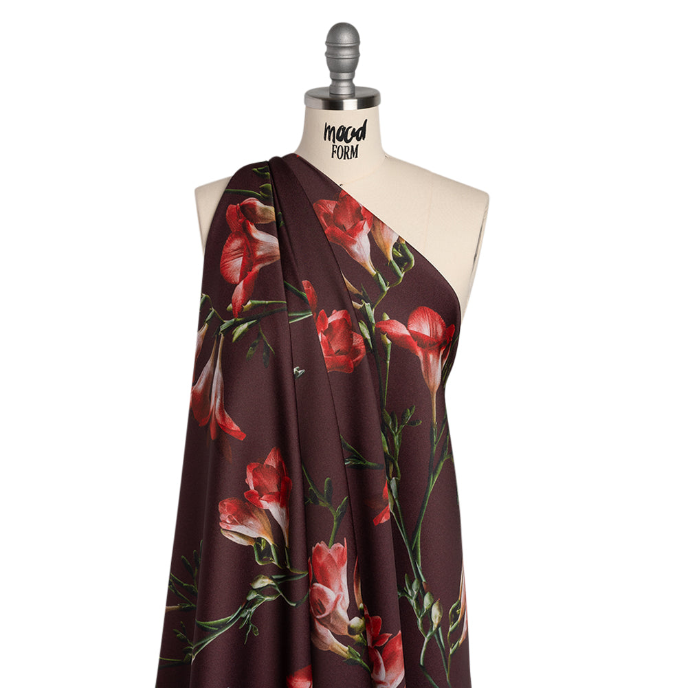 Polyester Crepe-Back Satin - Burgundy, Red and Green Floral - Mood Exclusive Amaryllis Affair Print - Joann Fabrics
