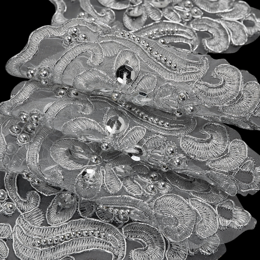 Yaya Han Metallic Corded and Beaded Embroidered Lace Trim - Silver Fae Floral Scallops, 5