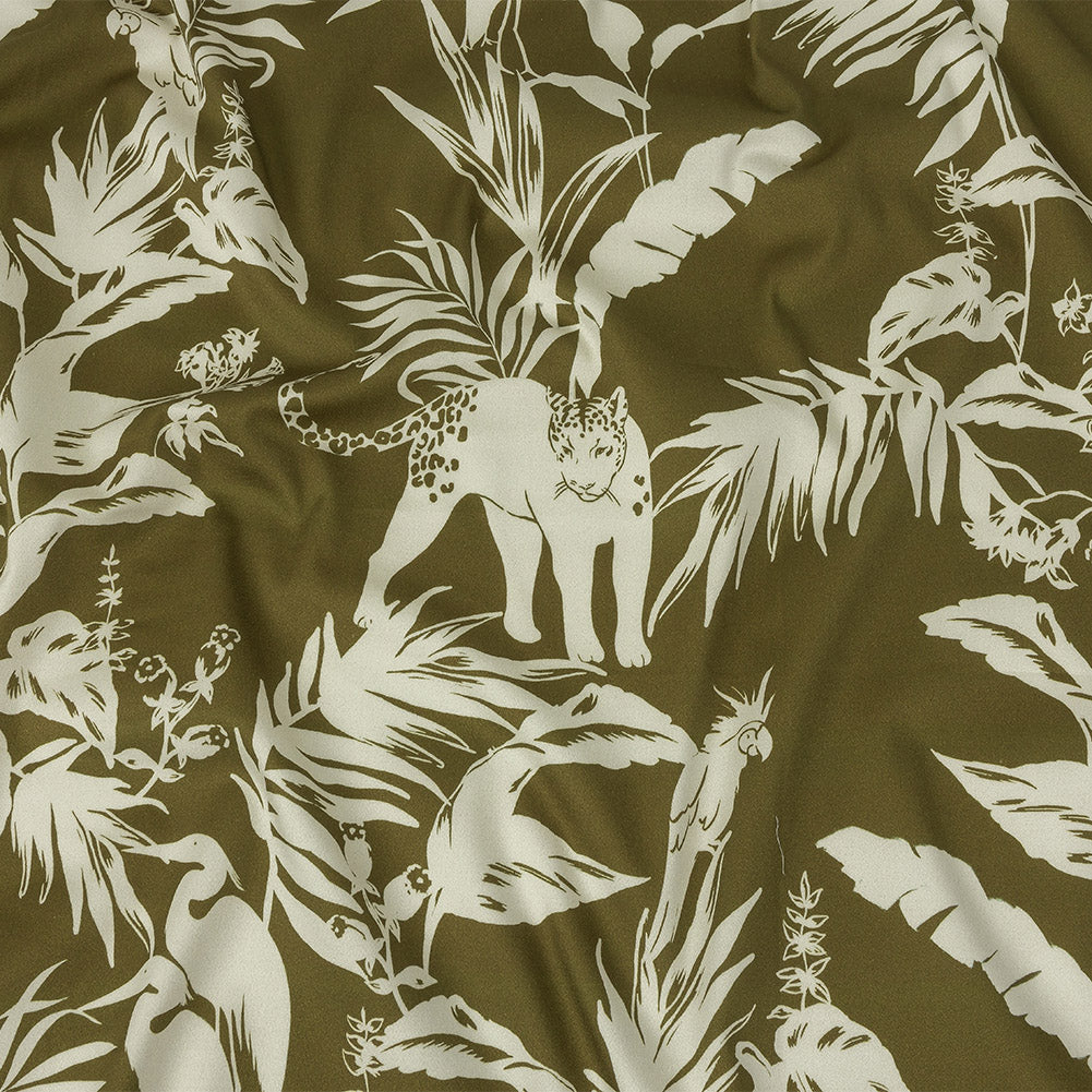 Stretch Cotton Sateen - Olive Animals and Leaves - Understory Samba Print - Mood Exclusive Rio Collection - Joann Fabrics