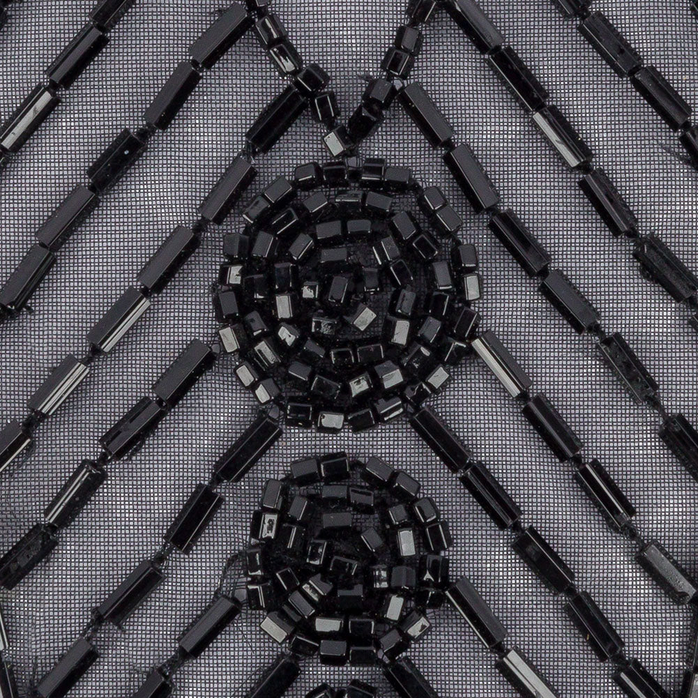 Vintage Black Bugle and Chop Beaded Abstract Applique - 7.25