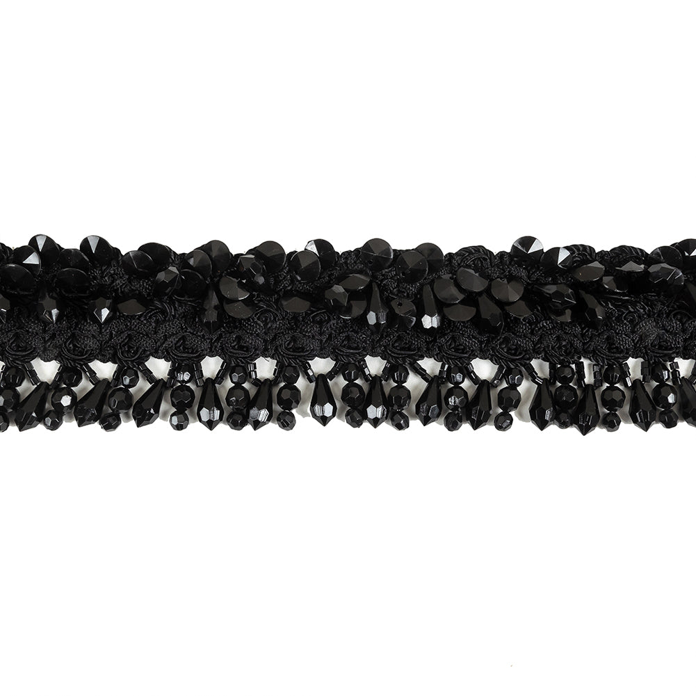 Vintage Black Ornate Braided Trim with Beaded Fringe - 2.25