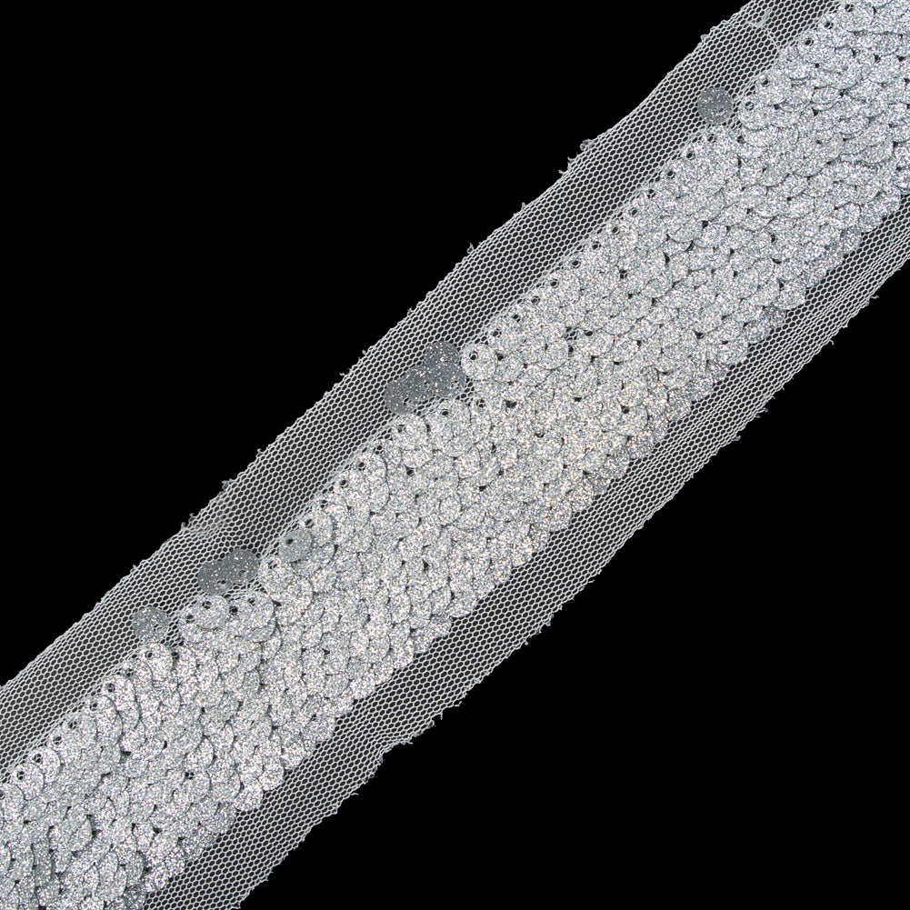 Silver Sequins on White Mesh Trim - 1.25