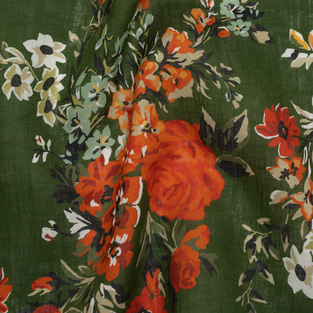 Medium Weight Linen Woven Print - Forest Green, Dark Orange and Mint Floral - Joann Fabrics