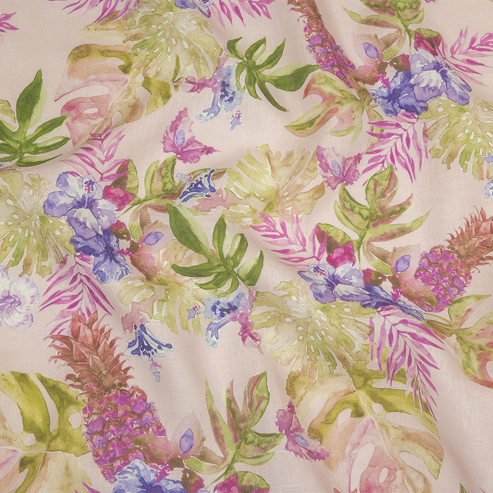 Pink, Purple and Green Watercolor Tropical Plants and Pineapples Medium Weight Linen Woven - Joann Fabrics