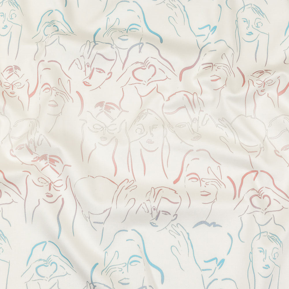 Stretch Cotton Sateen - Pink, White and Blue Faces and Hands - Language of Love Print - Mood Exclusive Pride Collection - Joann Fabrics