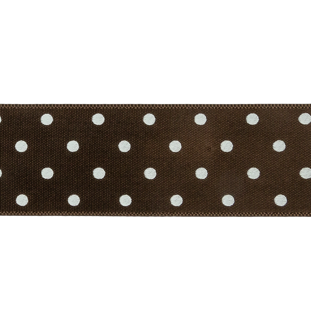 Brown and White Polka Dot Satin Ribbon - 1