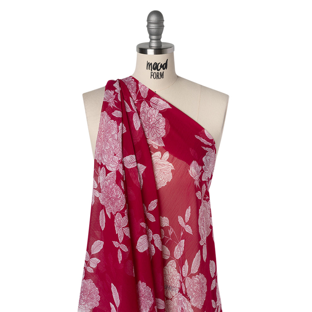 Crinkled Polyester Chiffon Print - Deep Magenta and White Floral - Designer Deadstock - Joann Fabrics