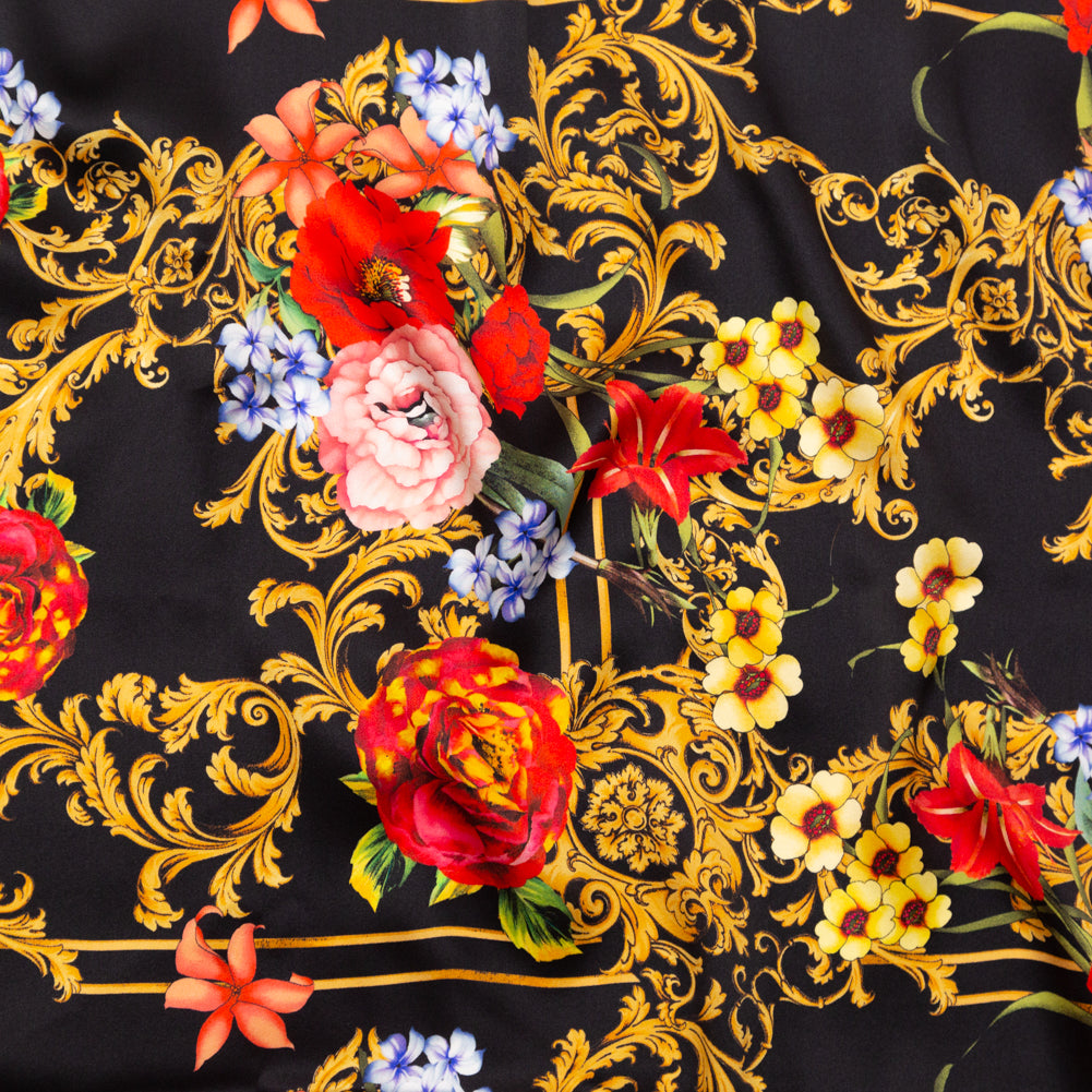 Mood Exclusive Italian Black, Faded Rose and Harvest Gold Ornate Floral Digitally Printed Silk Charmeuse - Joann Fabrics