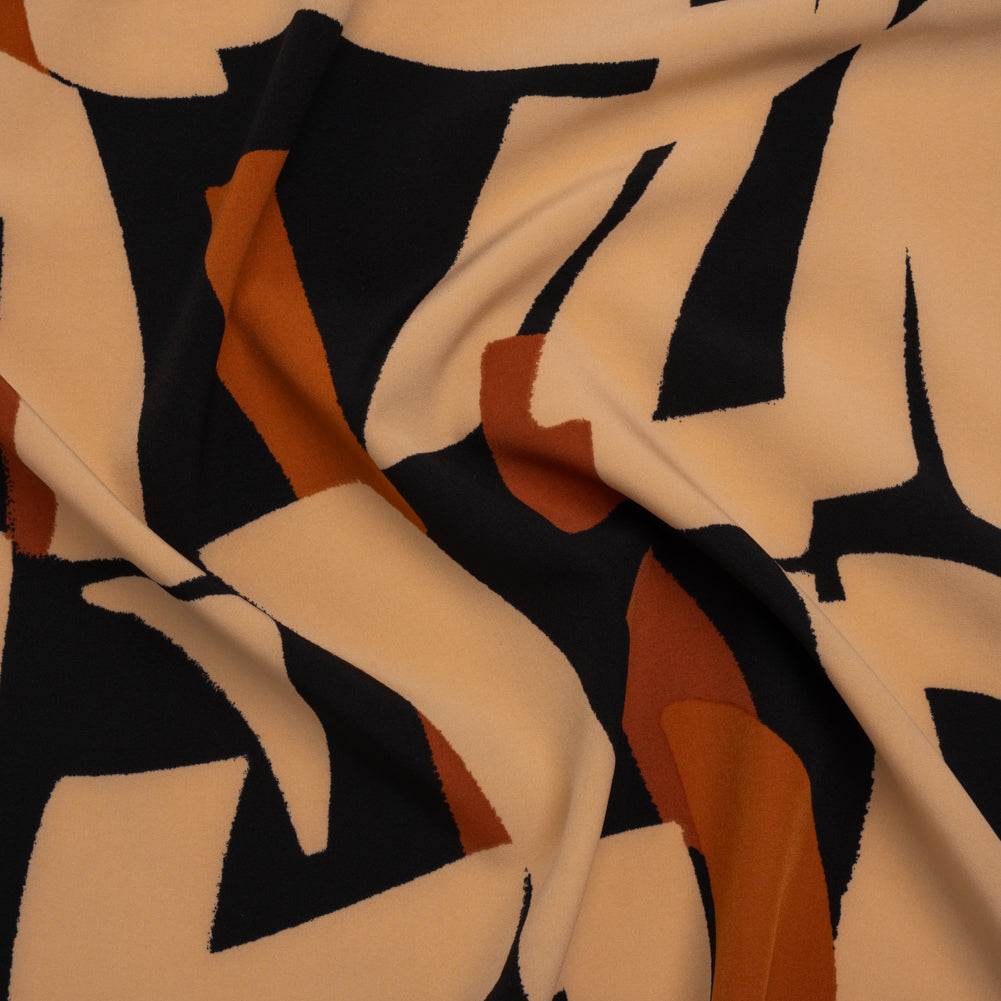Stretch Polyester Crepe de Chine Print - Beige, Burnt Orange and Black Abstract - Designer Deadstock - Joann Fabrics