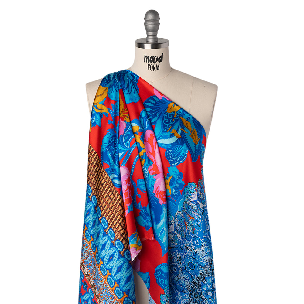 Silk Charmeuse Print 16MM, Made in Italy - Red, Blue and Gold Floral and Abstract Stripes - Joann Fabrics