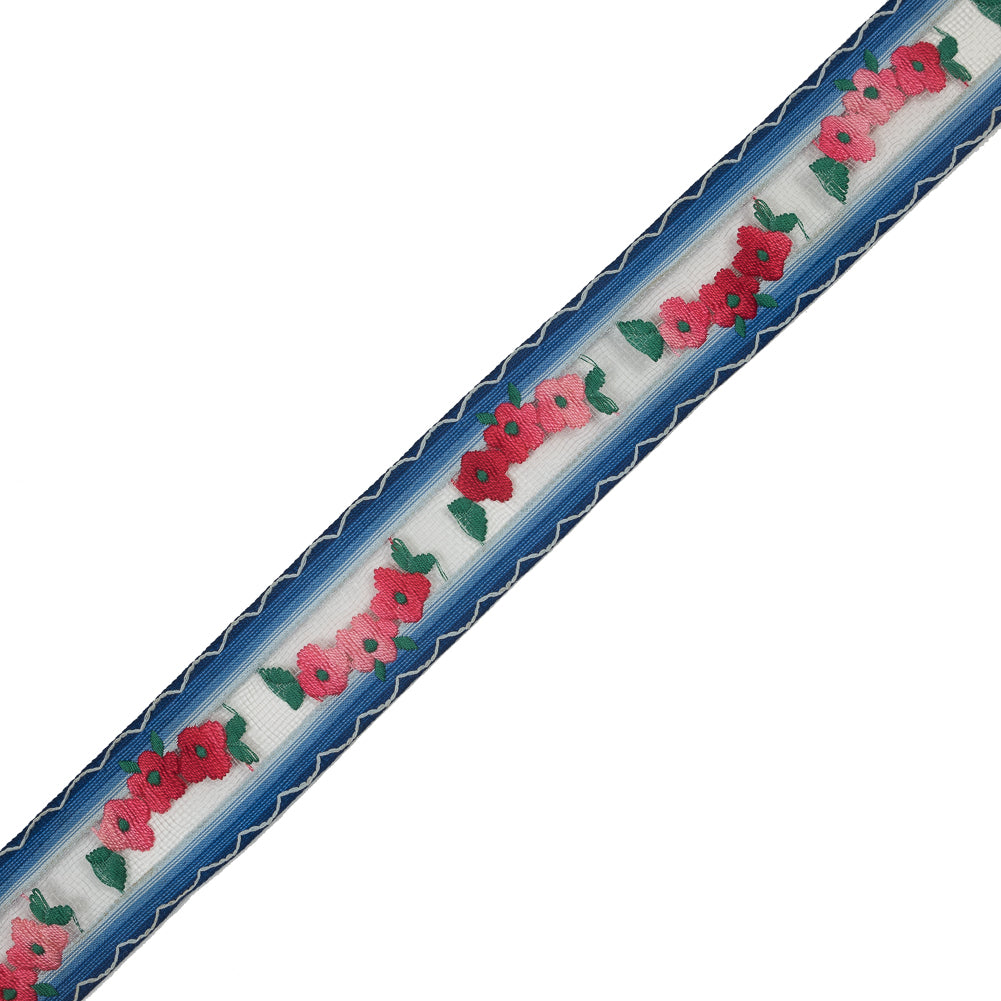 Pink Flowers Embroidered on Blue Lined Tulle Trimming - 1.5