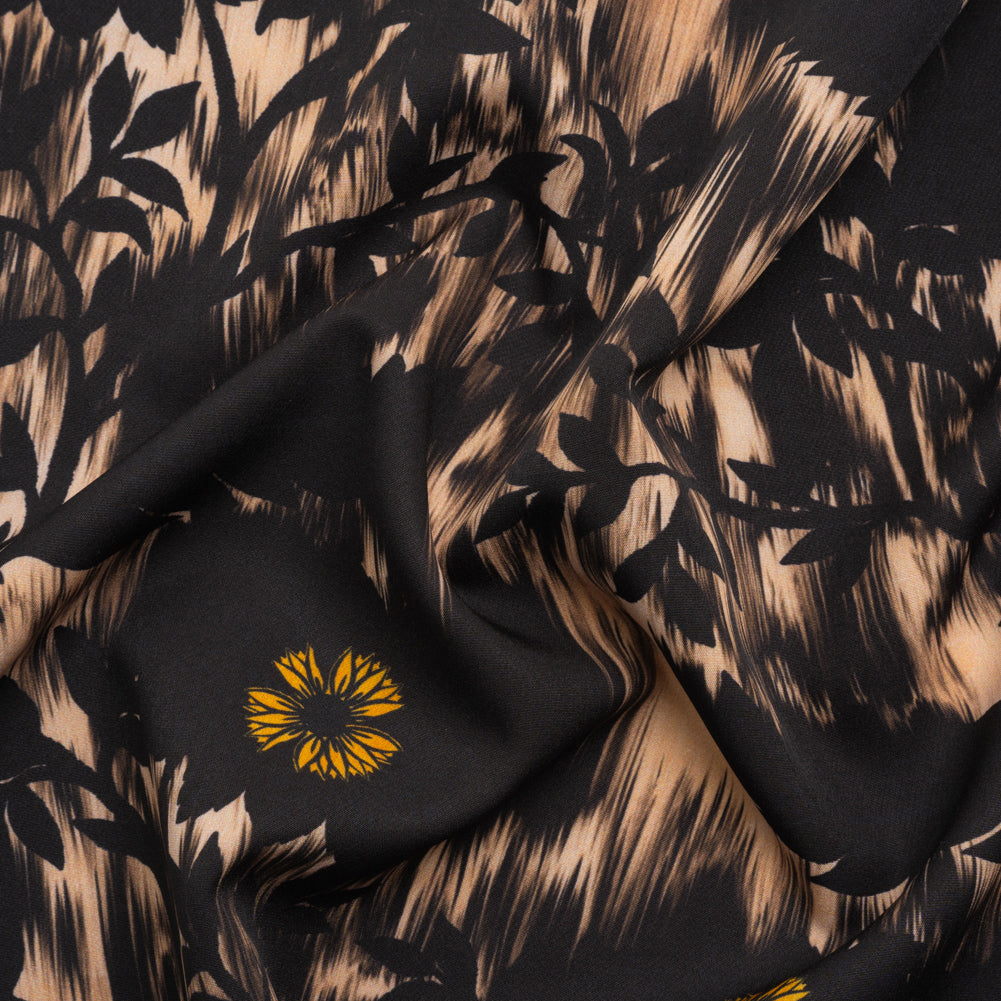 Stretch Polyester Woven Print - Black Florals on Abstract Ikat - Mood Exclusive Rambling Brambles - Joann Fabrics