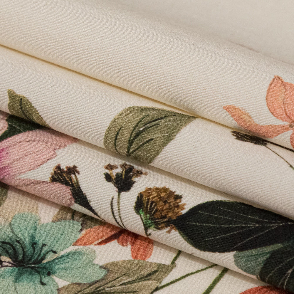 Stretch Cotton Sateen - White and Green Floral Border - Frolicking Florescence Print - Mood Exclusive Serengeti Collection - Joann Fabrics