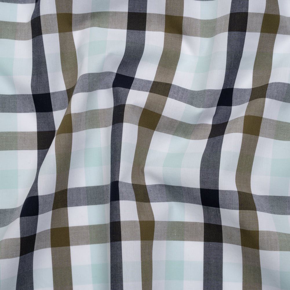Cotton Shirting - Khaki, Navy and Light Aqua Blue Plaid - Deadstock - Joann Fabrics