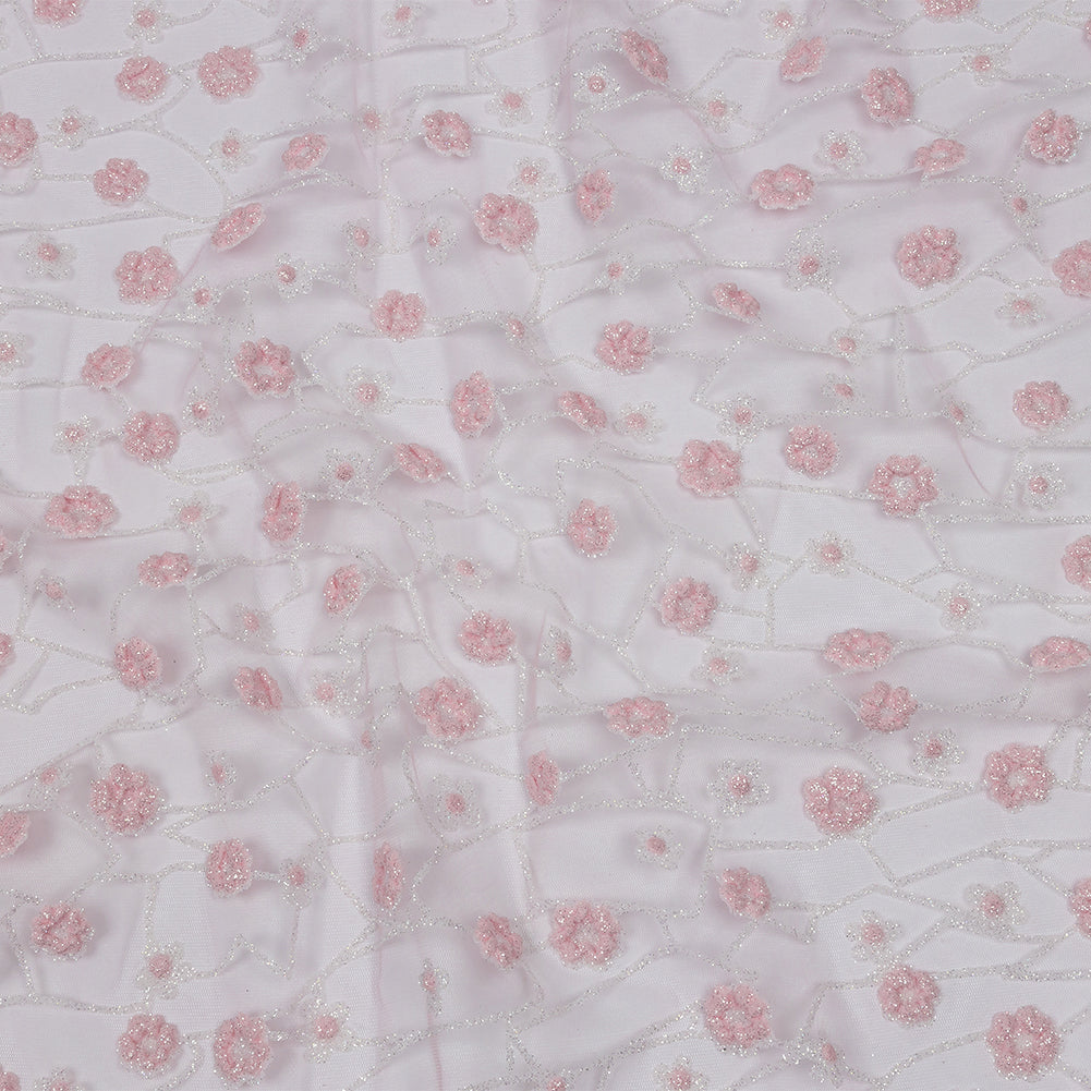 3D Puffy Glitter Tulle - Baby Pink and White Flowers and Geometric Stems - Joann Fabrics