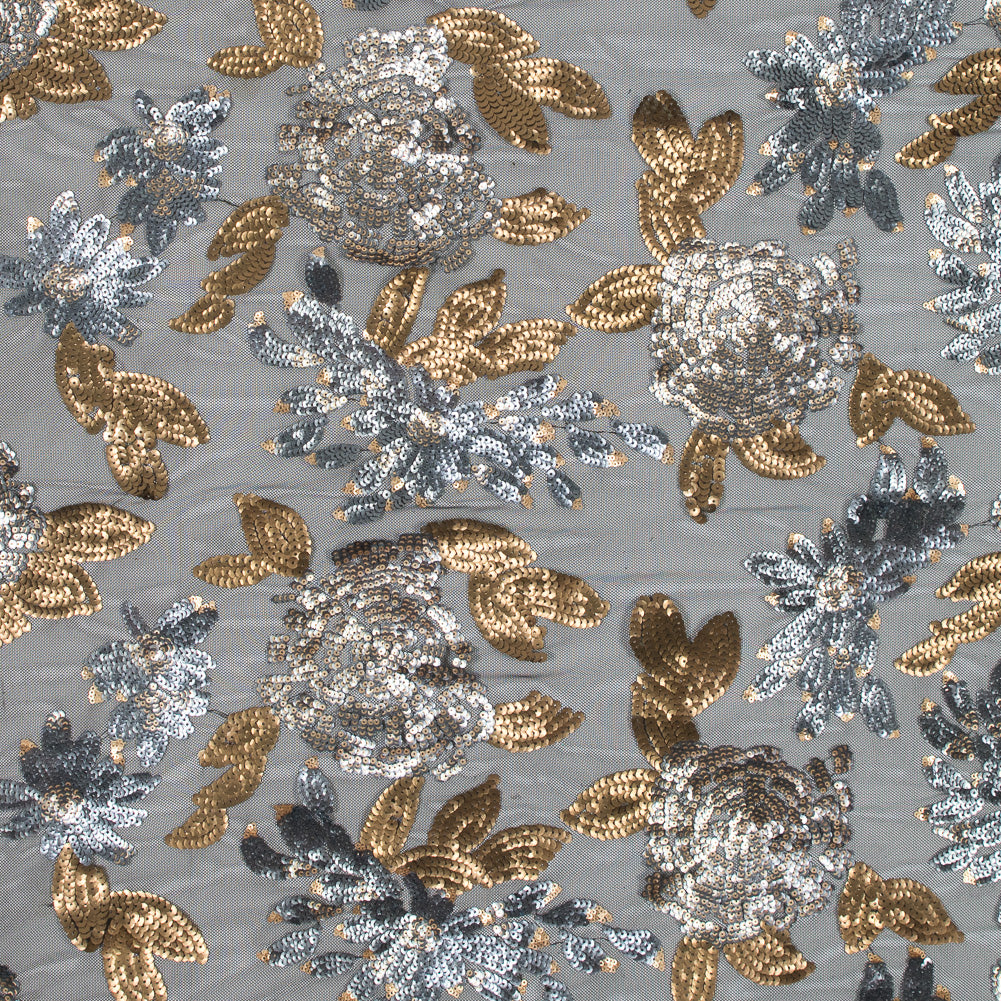 Mesh with Sequin Flowers - Gold and Gray on Black - Joann Fabrics