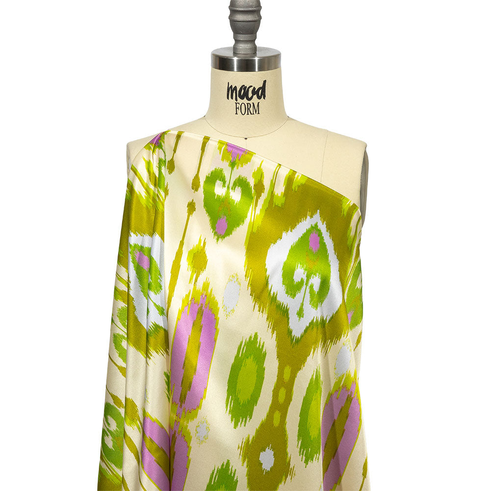 Italian Kiwi, Orchid and Beige Ikat Diamonds Silk Charmeuse - Joann Fabrics