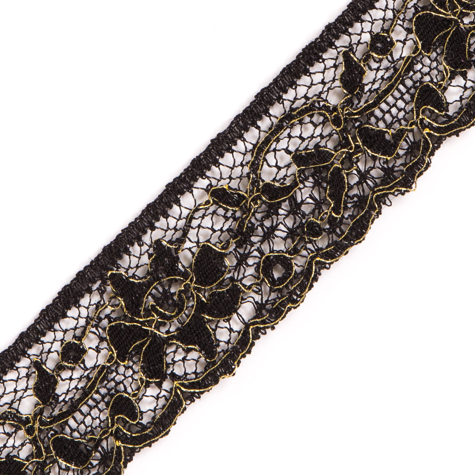 Black and Gold Corded Lace Trimming - 1