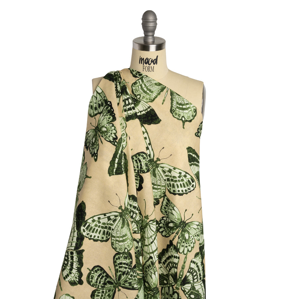 Linen and Rayon Woven - Green and Cream Butterflies - Monarch Mountain Print - Mood Exclusive Acadia Collection - Joann Fabrics