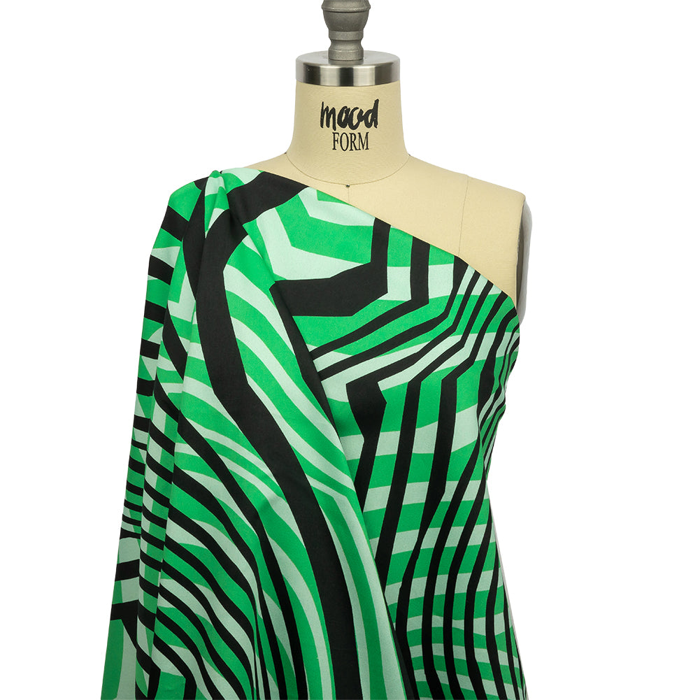 Stretch Cotton Sateen - Green Abstract Lines - Soundwave Strut Print - Mood Exclusive Groove Collection - Joann Fabrics