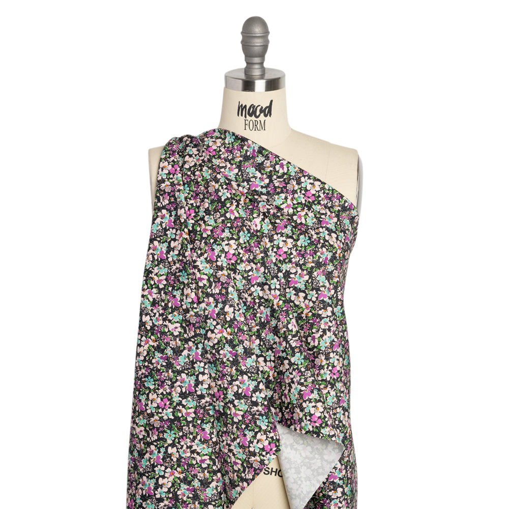 Stretch Cotton and Viscose Sateen Print - Magenta, Baby Blue and Green Floral - Mood Exclusive Meandering at Midnight - Joann Fabrics