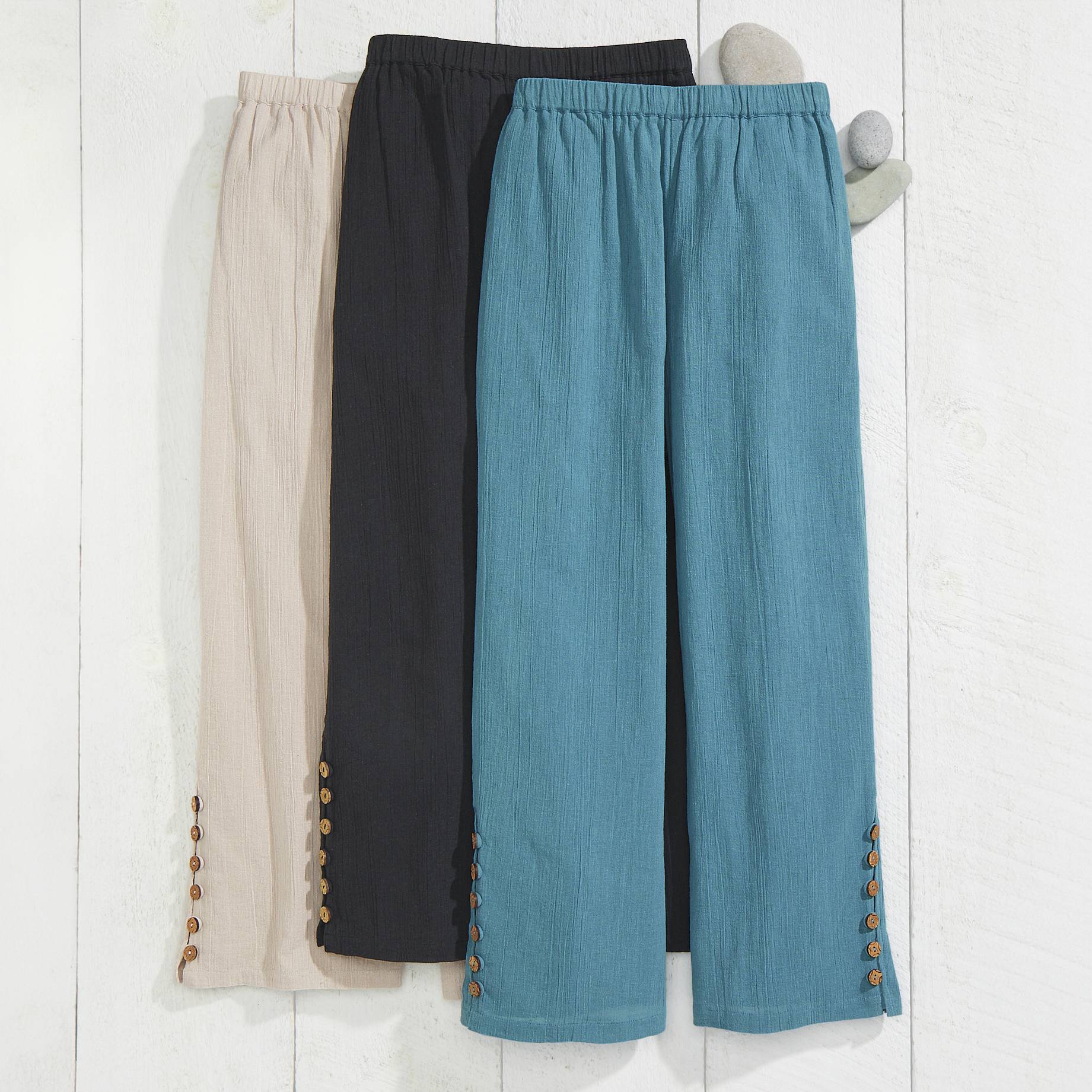 Crinkle Cotton Pull-On Crops, Side Slits, Coconut-Button Accents - Northstyle Catalog