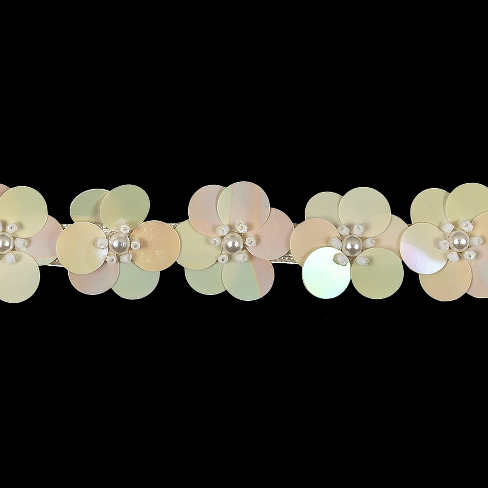 Vintage Eggnog and Iridescent Beige Floral Sequins and Beaded Trim - 0.875