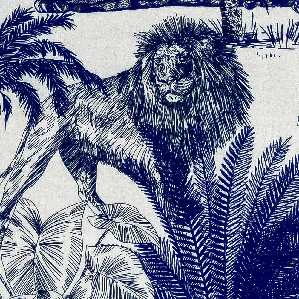 Rayon Challis Panel - Blue and White Big Cats and Leaves - Grimalkin Glare Print - Mood Exclusive Tumunyana Collection - Joann Fabrics