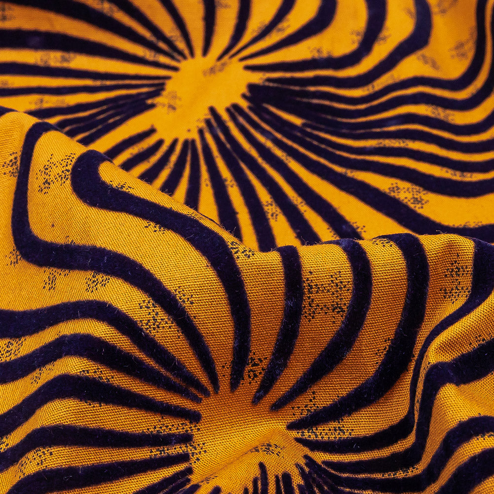 Navy Flocked Abstract Florals on Mustard and Navy Abstract Stretch Cotton and Polyester Shirting - Joann Fabrics