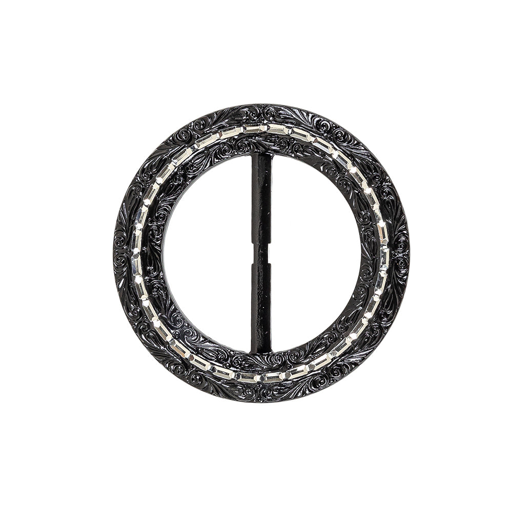 Vintage Black Classical Swirls Round Slider with Faceted Silver Band - 2.375