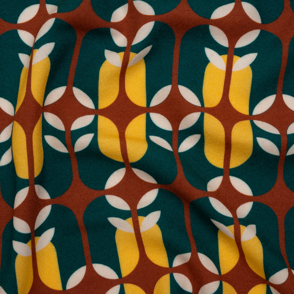 Viscose Crepe - Dark Teal, Yellow and Russet Brown Retro Geometric - Mood Exclusive Mod Logic Print - Joann Fabrics