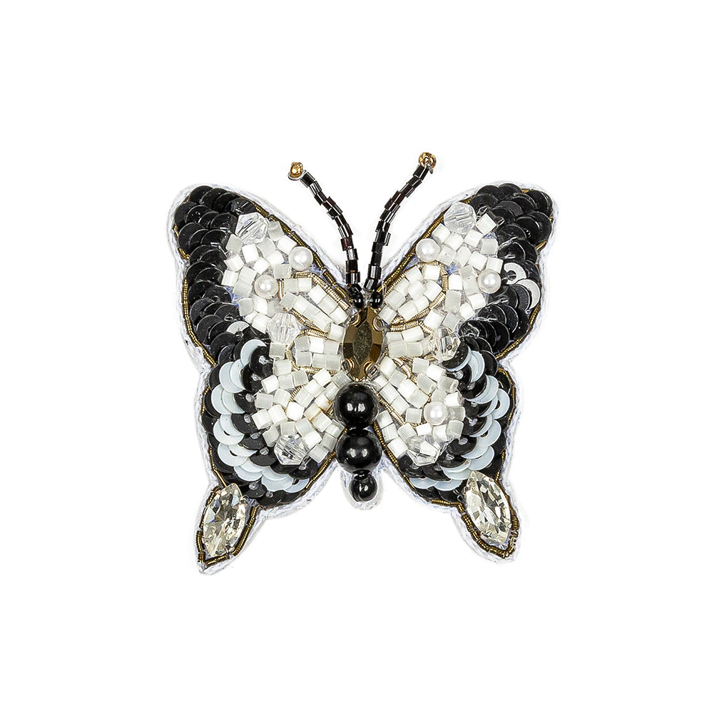 Black and White Butterfly Rhinestone and Glass Beaded Applique - 2.25