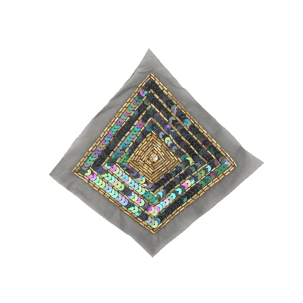 Vintage Black Iris, Multicolored and Gold Beaded and Sequins Diamond Applique - 5.25