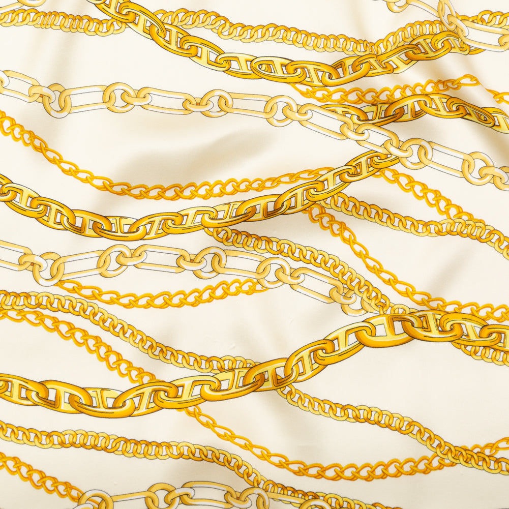 Mood Exclusive Italian Chino Green and Gold Chains Digitally Printed Silk Charmeuse - Joann Fabrics