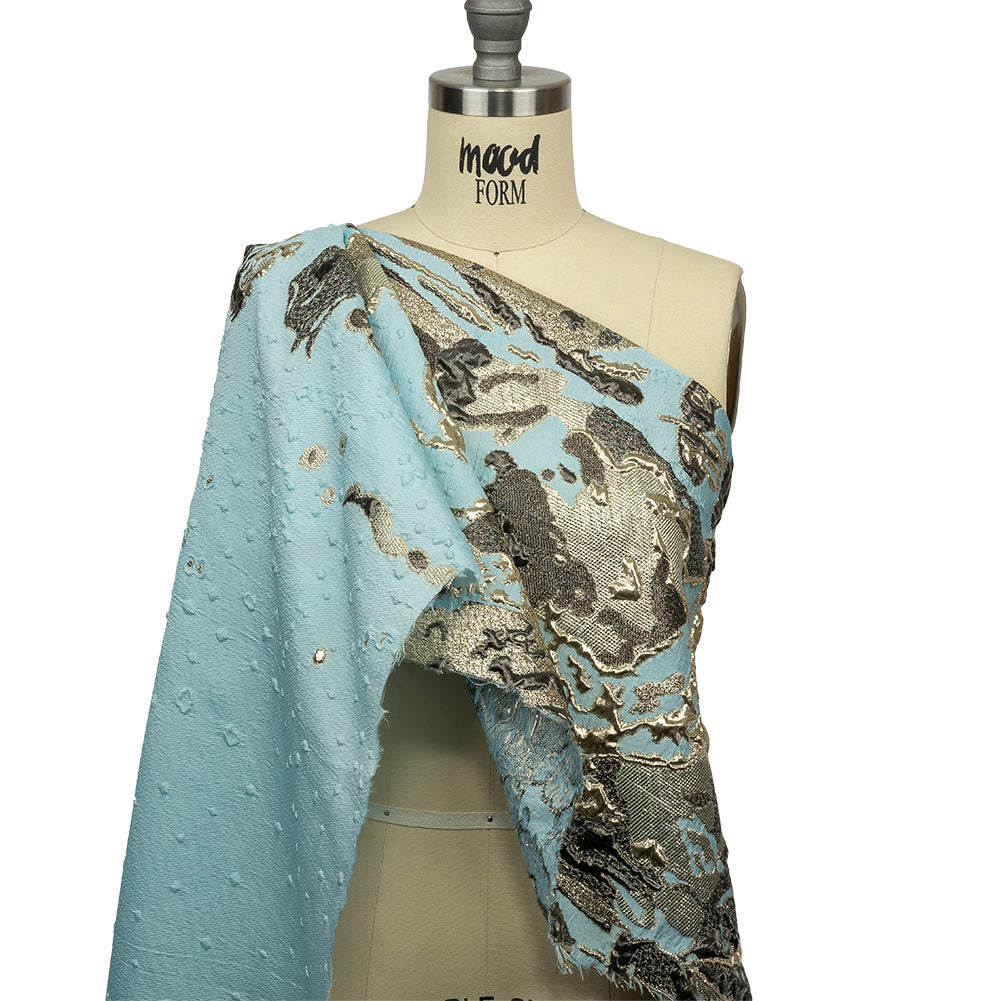 Metallic Golden Mist, Black and Sky Blue Spotted and Splattered Luxury Brocade - Joann Fabrics