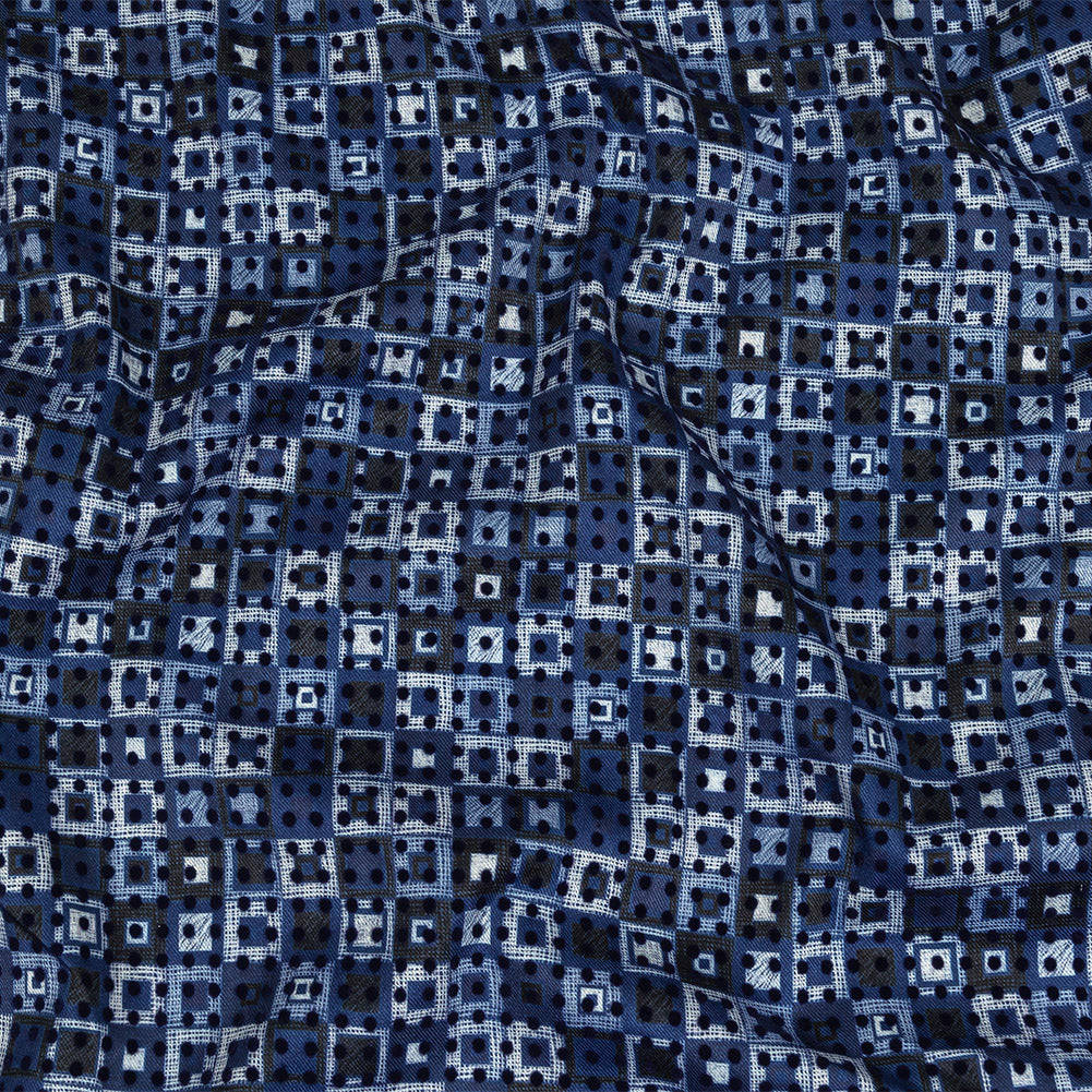 Navy Flocked Polka Dots on White, Twilight Blue and Maritime Blue Squares Stretch Cotton Twill - Joann Fabrics