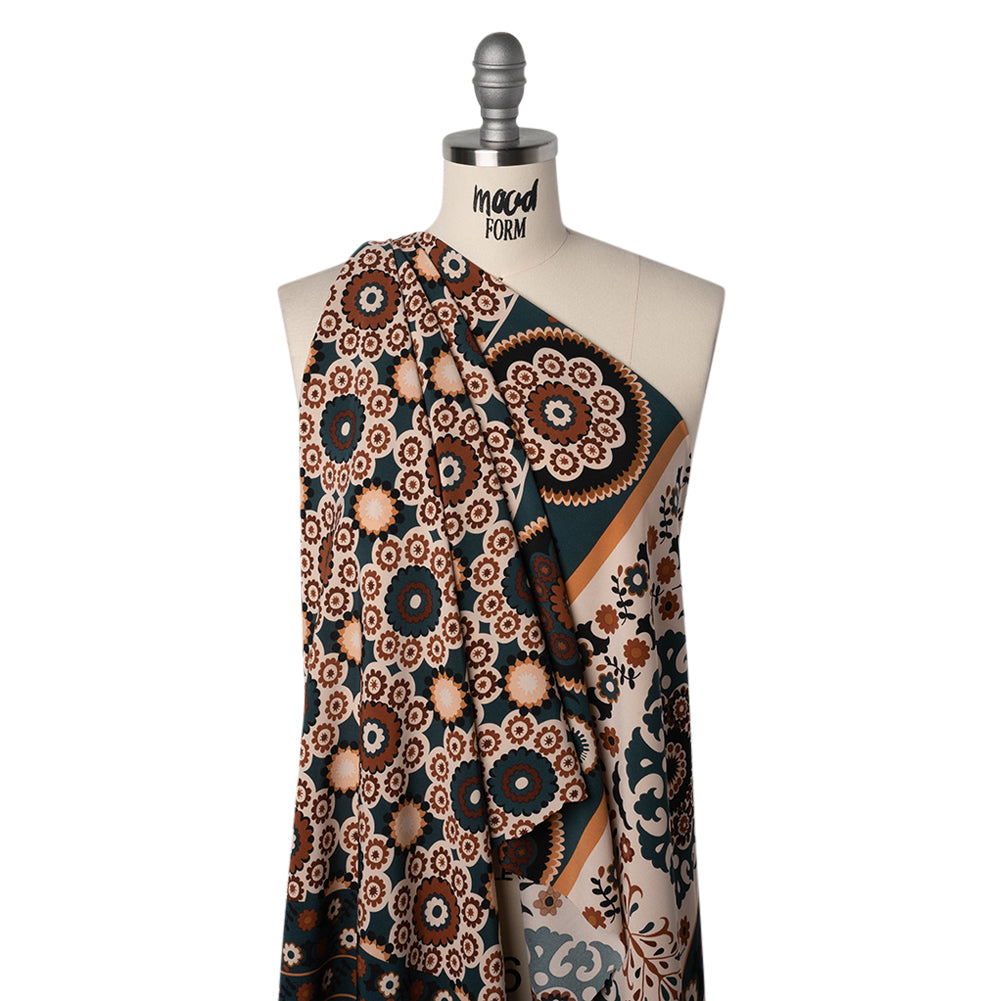 Stretch Polyester Crepe de Chine Print - Sandstorm, Dark Teal and Brick Floral - Designer Deadstock - Joann Fabrics