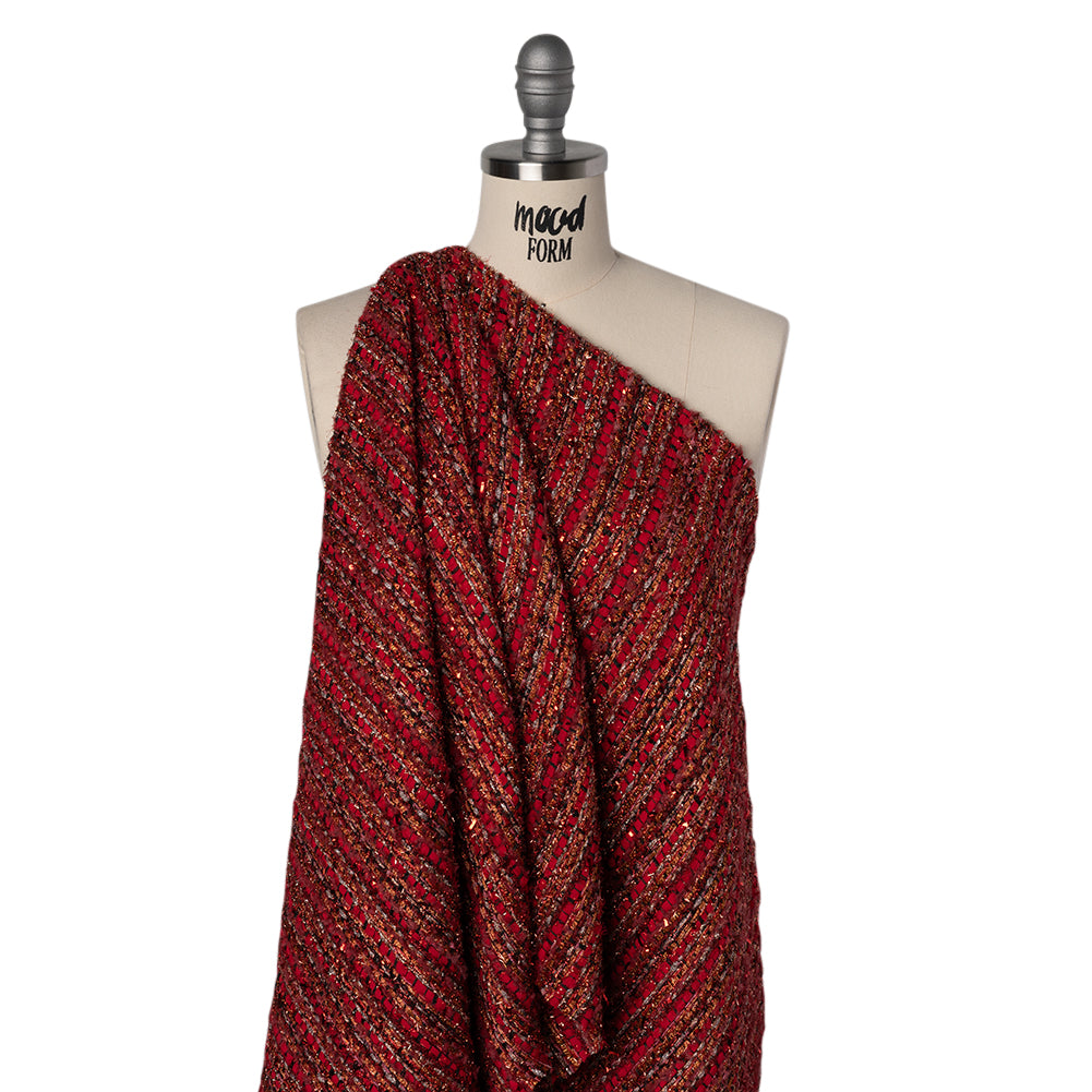 Metallic Polyester Tweed with Eyelash Fringe - Ruby Red and Burnt Orange Stripes - Joann Fabrics