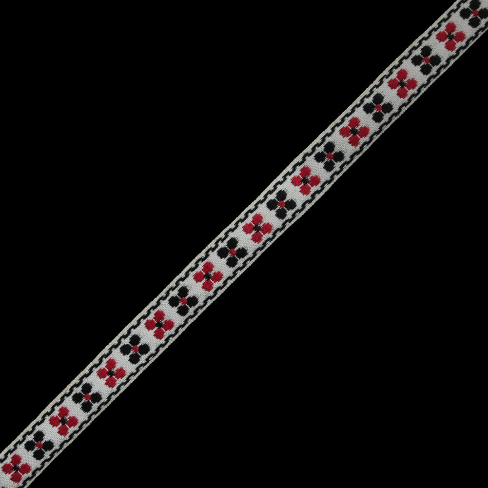 White, Black and Red Floral German Jacquard Ribbon - 0.75