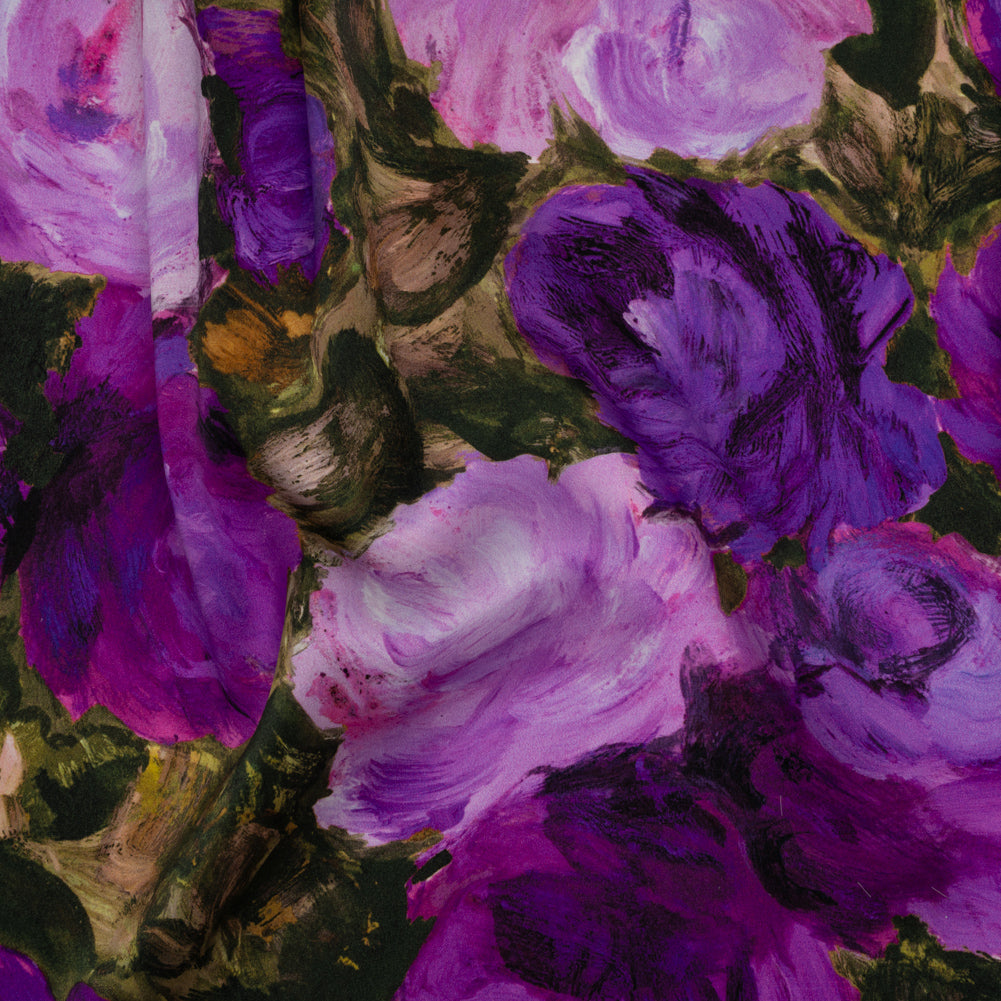 Silk Charmeuse Print 16MM, Made in Italy - Forest Green and Royal Purple Painted Roses - Joann Fabrics