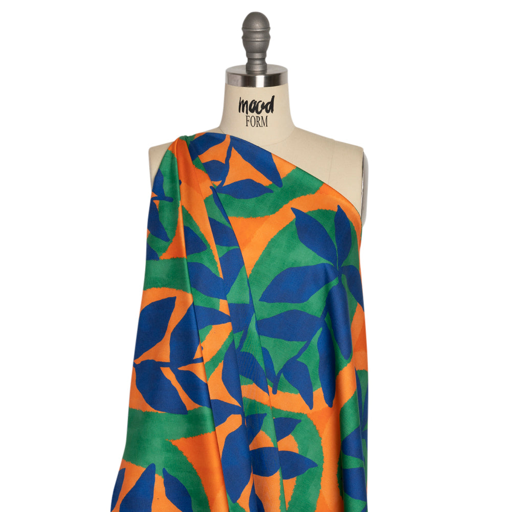 Stretch Cotton Sateen - Orange, Blue and Green Leaves - Mediterranean Mingle Print - Mood Exclusive Marigold Collection - Joann Fabrics