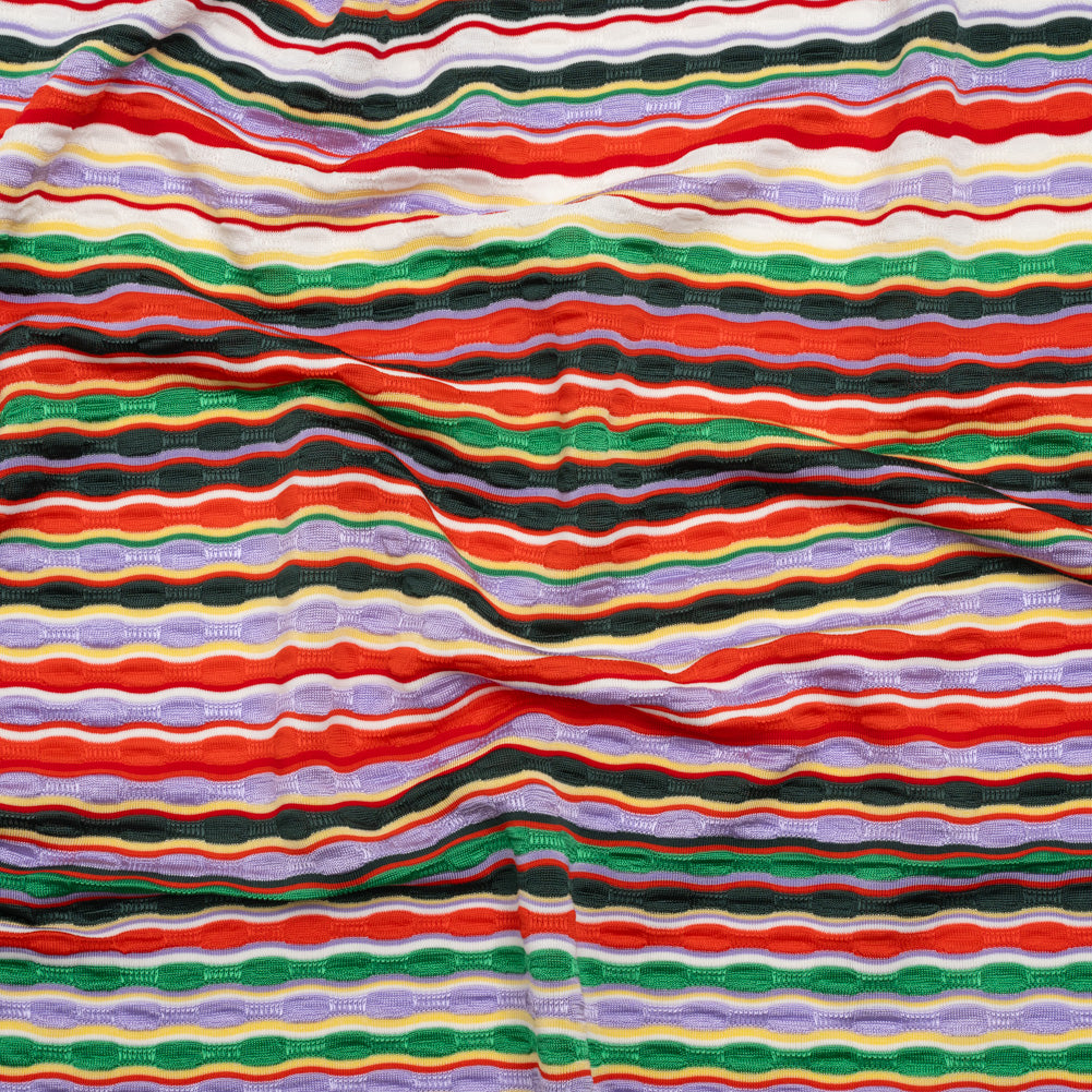 Stretch Rayon Textured Jersey - Red, Lavender and Green Wavy Horizontal Stripes - Designer Deadstock - Joann Fabrics