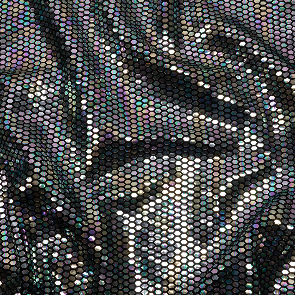Black and Silver Oil Slick Hexagons Foiled Stretch Nylon Knit - Joann Fabrics
