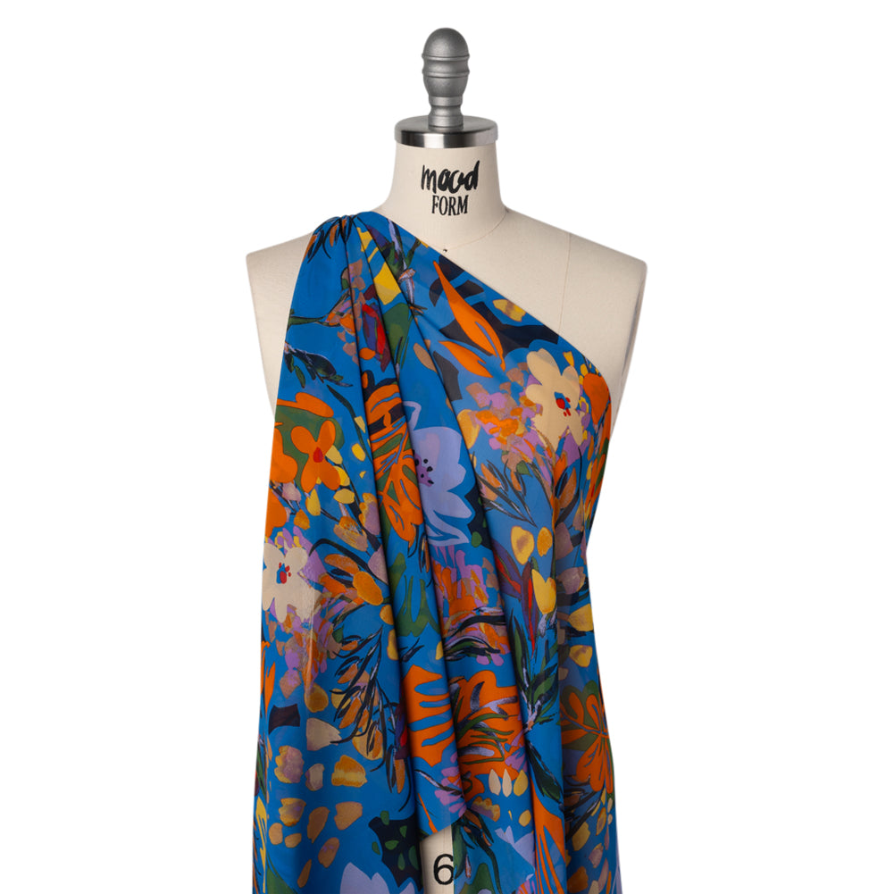 Polyester Chiffon Print - Bright Blue, Orange and Yellow Floral - Designer Deadstock - Joann Fabrics