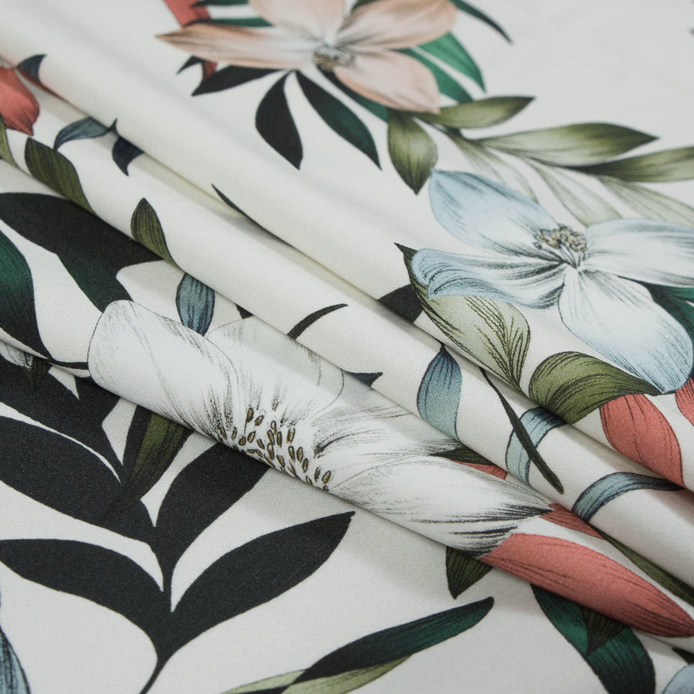 Stretch Cotton Sateen - White and Green Floral - Regality of Renewal Print - Mood Exclusive Key Largo Collection - Joann Fabrics