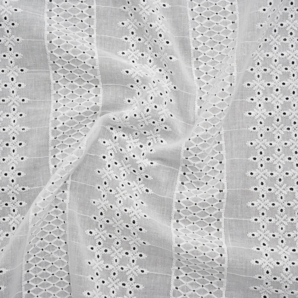 Embroidered Eyelet Cotton Voile - White Lattice and Floral Stripes - Naomi Collection - Joann Fabrics