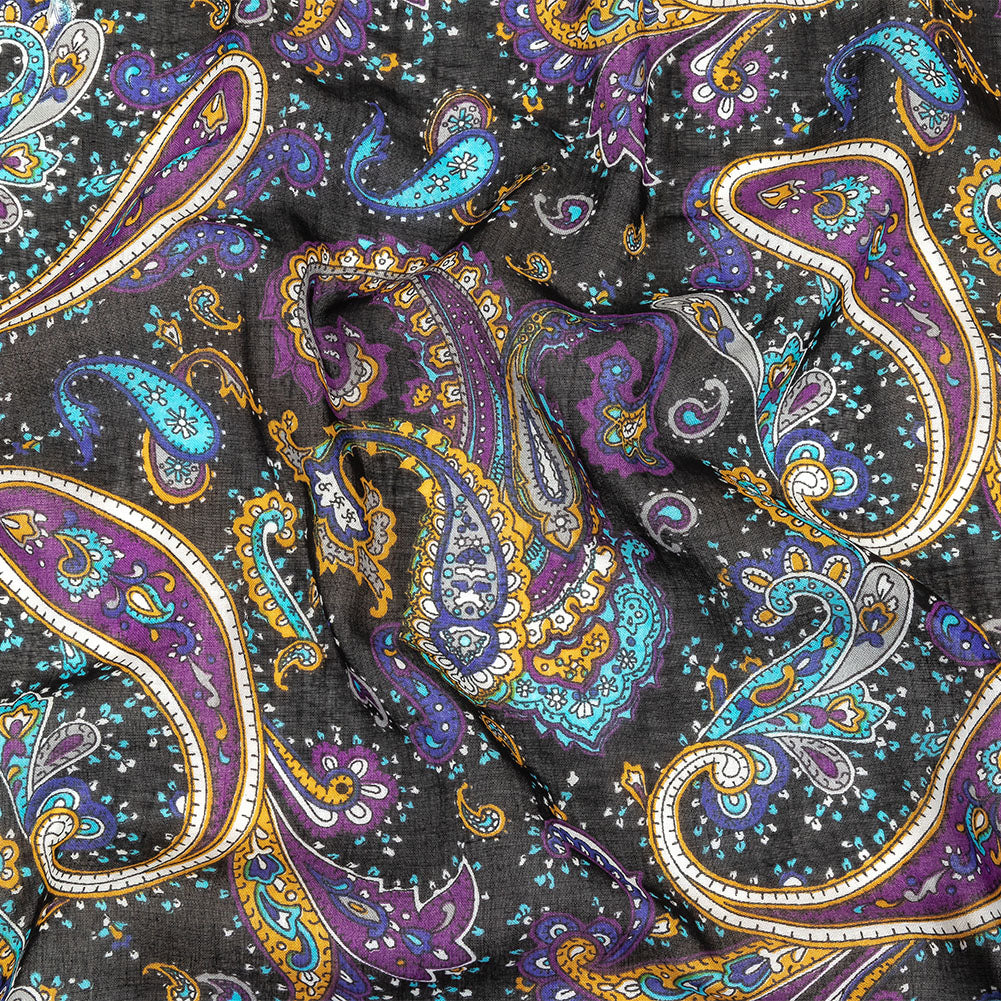 Gauzy Cotton Voile - Black, Spiced Plum and Turquoise Paisley - Deadstock - Joann Fabrics