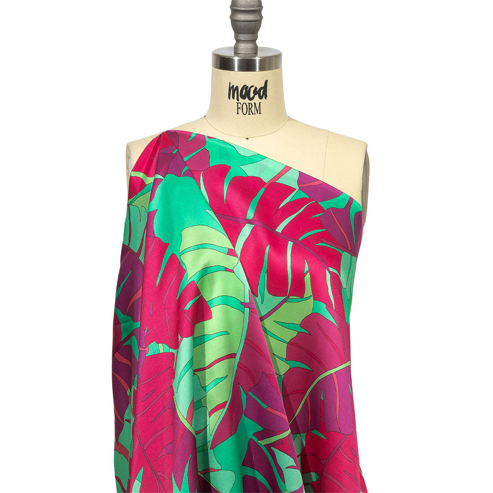 Italian Fuchsia, Hot Pink and Mint Jungle Leaves Silk Charmeuse - Joann Fabrics